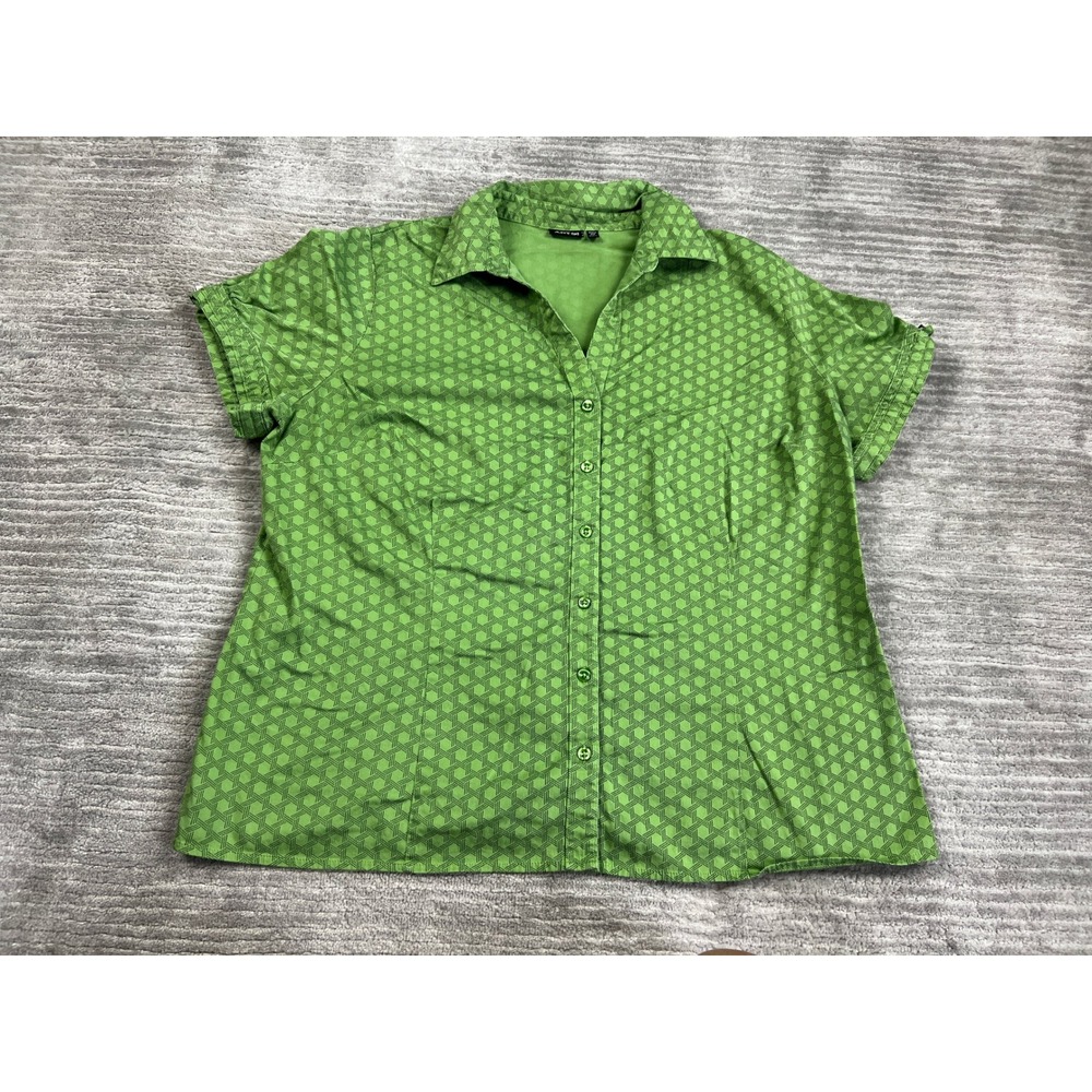 Apt. 9 Blouse Womens 2X Green Geometric Button Up Short Sleeve Stretch Cotton